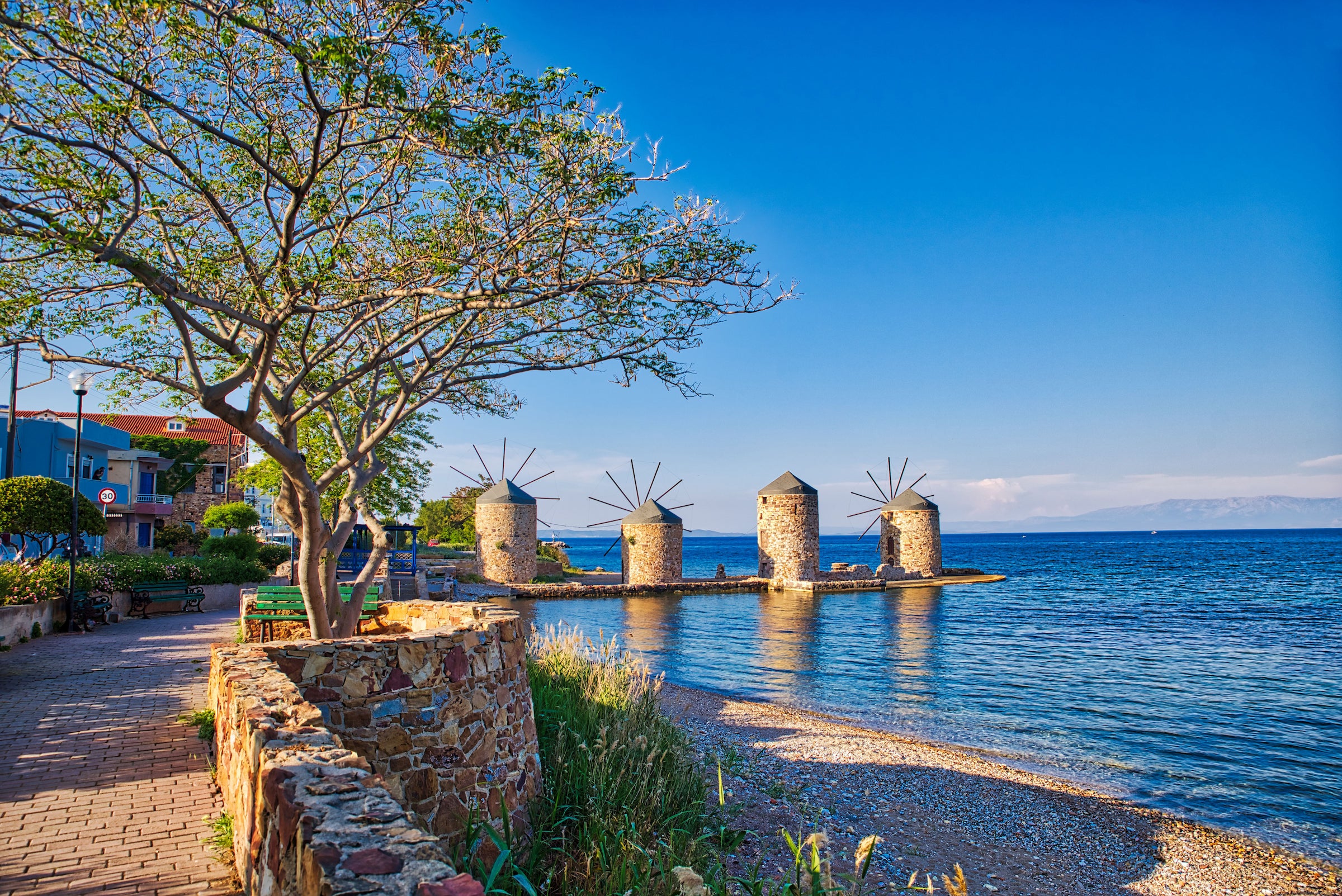 The windmills and coastline of Chios, Greece